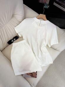 GlowEve 2pcs/Set Linen Casual Vacation Beaded T-Shirt And Shorts - White - View 2