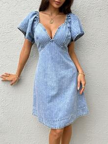SHEIN Đầm denim nữ kiểu dáng thường ngày với tay áo raglan ngắn và họa tiết kẻ sọc. - Màu xanh lam - Xem 4