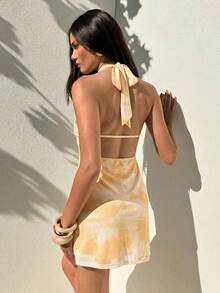 Aloruh Women's Sexy & Elegant Plunging Neck Hollow Out Shell Metal Buckle Decor Fitted A-Line Tie-Dye Print Mini Dress - Yellow - View 7