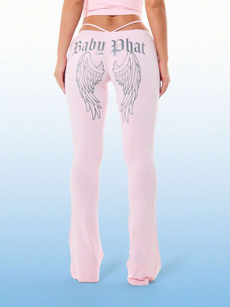 BABYPHAT Women's High Rise Flare Leggings With Strappy Waist Detail And Angel Wings Text Print Pink Jersey Stretch Pants