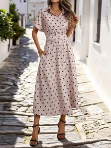 Rafferiza Women's Elegant Shirt-Style Polka Dot Dress With Tie-Up Detail, Light Pink Polka Dot Dress, Women's Elegant Dress With Tie-Up Waist, Slimming Dress, Women's Pink Polka Dot Dress, Women's Button Dress, Women's Everyday Commuting Versatile Dress, Women's Spring And Summer Elegant Dress, Women's Casual And Outing Dress. - Baby Pink - View 4