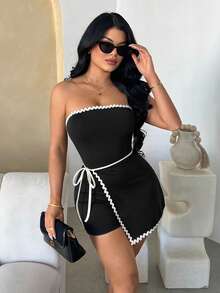 Vavine 黑色和杏色优雅波浪纹抹胸连体衣（女款） - 黑與白 - 查看 5