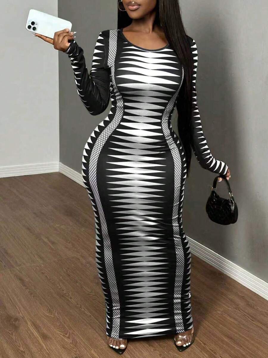 SHEIN SXY Plus Size Women Tight Fitting Abstract Print Long Dress - Black and White - View 1