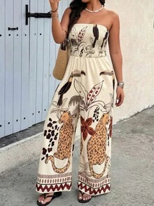 SHEIN LUNE Bộ áo liền quần cổ yếm in họa tiết nhiệt đới dành cho nữ cỡ lớn, thích hợp cho kỳ nghỉ hè. - Nhiều màu - Xem 3