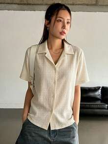 DAZY 女士白色翻领短袖T恤，适合通勤和办公穿着，夏季款 - 米色 - 查看 3