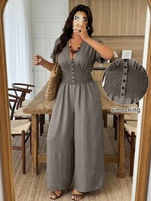 SHEIN LUNE Plus Size Women's Shirred Batwing Sleeve Jumpsuit With Buckle Waist Closure, Casual - Army Green - View 8