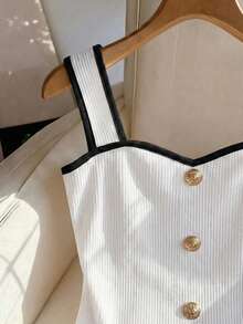 Franclia Nuevo llegado de primavera/verano Elegante estilo francés sin mangas Blanco Chic Decorativo Botón Contraste Color Blocking Camiseta de tirantes, Chaleco casual de mujer, Camisola sexy, Blusa sin mangas, Conjunto de primavera/verano - Blanco y Negro - Ver 6