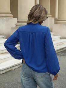 Aveloria Modichic Classic Retro Polka Dot Tie Front Semi-Sheer Blouse, French Style Elegant Business Casual Women  - Royal Blue - View 7