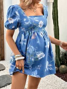 SHEIN 孕妇蓝色牛仔泡泡袖短裙，春夏嘉年华服装，通勤度假毕业时尚Y2K可爱街头风派对婚礼优雅商务休闲女式碎花牛仔连衣裙，方领泡泡袖迷你夏季碎花牛仔连衣裙，清新碎花连衣裙，休闲度假连衣裙，浪漫法式连衣裙，舒适日常连衣裙，蓝色甜美法式风格 - 藍色 - 查看 3