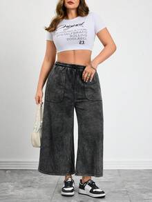 SHEIN CURVE+ 大码休闲水洗抽绳腰阔腿牛仔裤，春夏嘉年华服装通勤度假毕业时尚Y2K可爱街头风派对婚礼优雅商务休闲女式大码阔腿裤，带松紧腰带和口袋，水洗黑色 - 黑色 - 查看 6