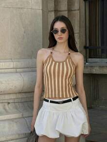 Muvela New Khaki Striped Adjustable Beaded Tie-Up Neck Knit Top, Elegant Urban Commuter Wear For Women, Spring/Summer - Coffee Brown - View 1