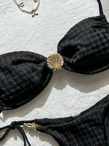 Swim Mod Women's Jacquard Fabric Spaghetti Strap Metal Shell Decor Bikini Set, Spring/Summer - Black - View 5