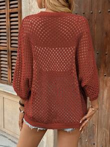 Breezaya 女士休闲宽松圆领蝙蝠袖镂空杏色毛衣，春秋季女士针织上衣，焦橙色上衣，锈棕色上衣，夏季女士毛衣，焦橙色上衣，女士针织衫，女士上衣和衬衫，女士工作衬衫，女士套头衫 - 鏽棕色 - 查看 2