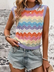 SHEIN LUNE Áo vest dệt kim dáng suông kẻ sọc khoét lỗ dành cho nữ, thích hợp cho kỳ nghỉ. - Màu tím hoa cà - Xem 3
