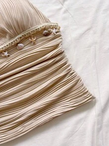 Soleia Women's Starfish Trim Textured Pleated Halter Neck Tank Top Seashell Swimsuit Ruched Swimsuit Halter Top Bathing Suit Boho Swimsuit Beige Swimsuit - Apricot - View 5