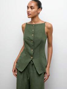 SHEIN Maija Casual Army Green Women's Woven Fabric Waistcoat And Long Pants Set With Pockets - Army Green - View 7