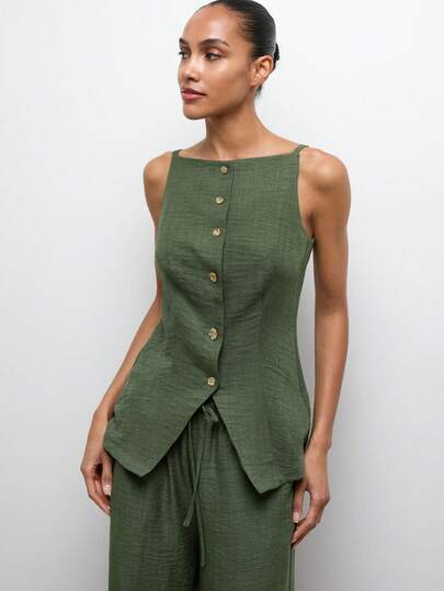 Maija 女士休闲通勤纯色单排扣系带吊带背心和裤子套装，春夏款