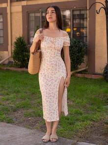 Andrea Bello Women Off Shoulder Split Ditsy Floral Dress - Butter Yellow - View 6