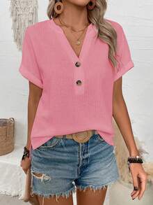 New Fashion Casual Women Knitted Textured V-Neck Short Sleeve T-Shirt - Pink - View 4