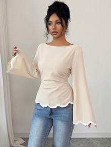 SHEIN Elenzya 1pc Women's Spring/Summer Wavy Heart Woven Trim Ruched Waist Blouse - Apricot - View 5