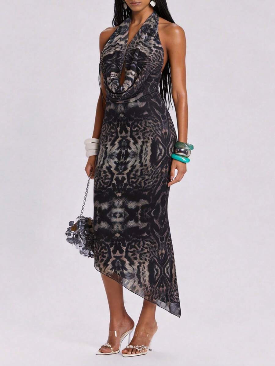ROMWE J-Fashion 性感深V露背动物纹中长连衣裙 - 彩色 - 查看 1