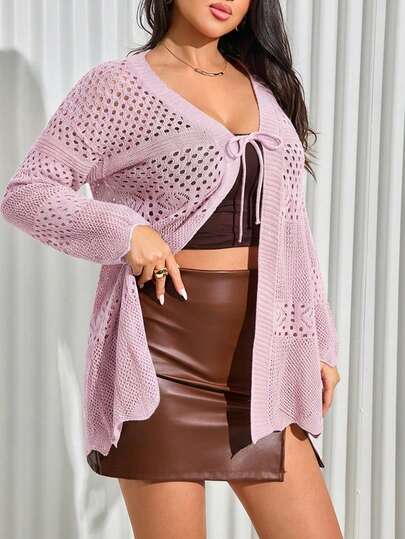 EURMUSE Plus Size Solid Color Long Sleeve V-Neck Tie Crochet Knit Cardigan