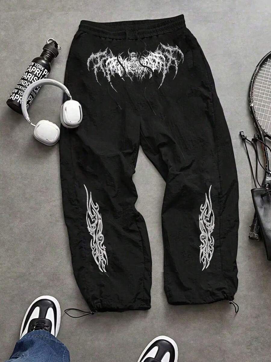 Sport MetroGents Men's Gothic Print Drawstring Waist Loose Fit Sweatpants - Black - View 1