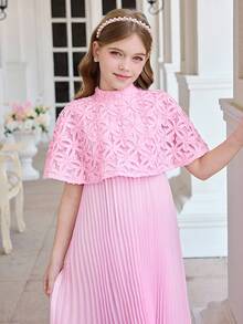 SHEIN Tween Girl Knit Contrast Mesh Overlay Dress - Pink - View 4