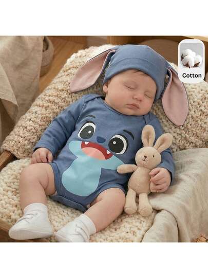 Loomiva Newborn Baby Boy/Girl Cartoon Monster Pattern Knitted Soft Crew Neck Long Sleeve Romper & Hat 2pcs Set