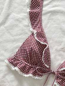 Swim Mod 女士甜美可爱格子印花荷叶边白色蕾丝休闲沙滩度假泳装上衣 - 酒紅色 - 查看 4
