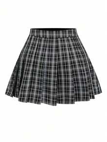 Sweetra Falda casual plisada con estampado de cuadros para tallas grandes - Negro - Ver 2