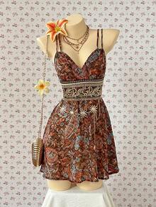 SuriyaCove 女士休闲佩斯利印花吊带中长连衣裙 - 彩色 - 查看 1