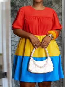 Slaydiva 春夏新品，适合音乐节、复活节、圣帕特里克节、西部风、游牧风、生日派对、毕业典礼、学生装、日常休闲、百搭基础款、休闲度假、邮轮旅行、海滩、日光浴、爆款大码、度假休闲风、纯色条纹拼接、荷叶边下摆宽松短袖A字迷你连衣裙，多色可选 - 彩色 - 查看 5