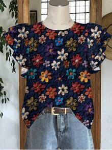 EMERY ROSE Plus Size Casual Floral Print Short Cap Sleeve Shirt - Navy Blue - View 4