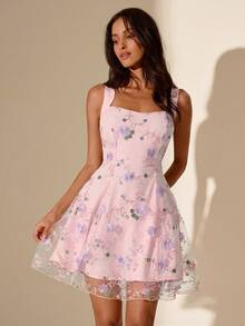 Glamine 法式乡村风粉色提花吊带露背蝴蝶结喇叭连衣裙，适合野餐、生日派对、约会、游乐园、朋友聚会等场合。 - 粉色 - 查看 6