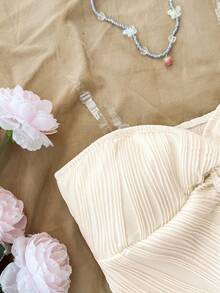 SHEIN 少女休闲度假简约舒适不对称下摆扭结开衩纹理面料抹胸吊带衫 - 杏色 - 查看 4