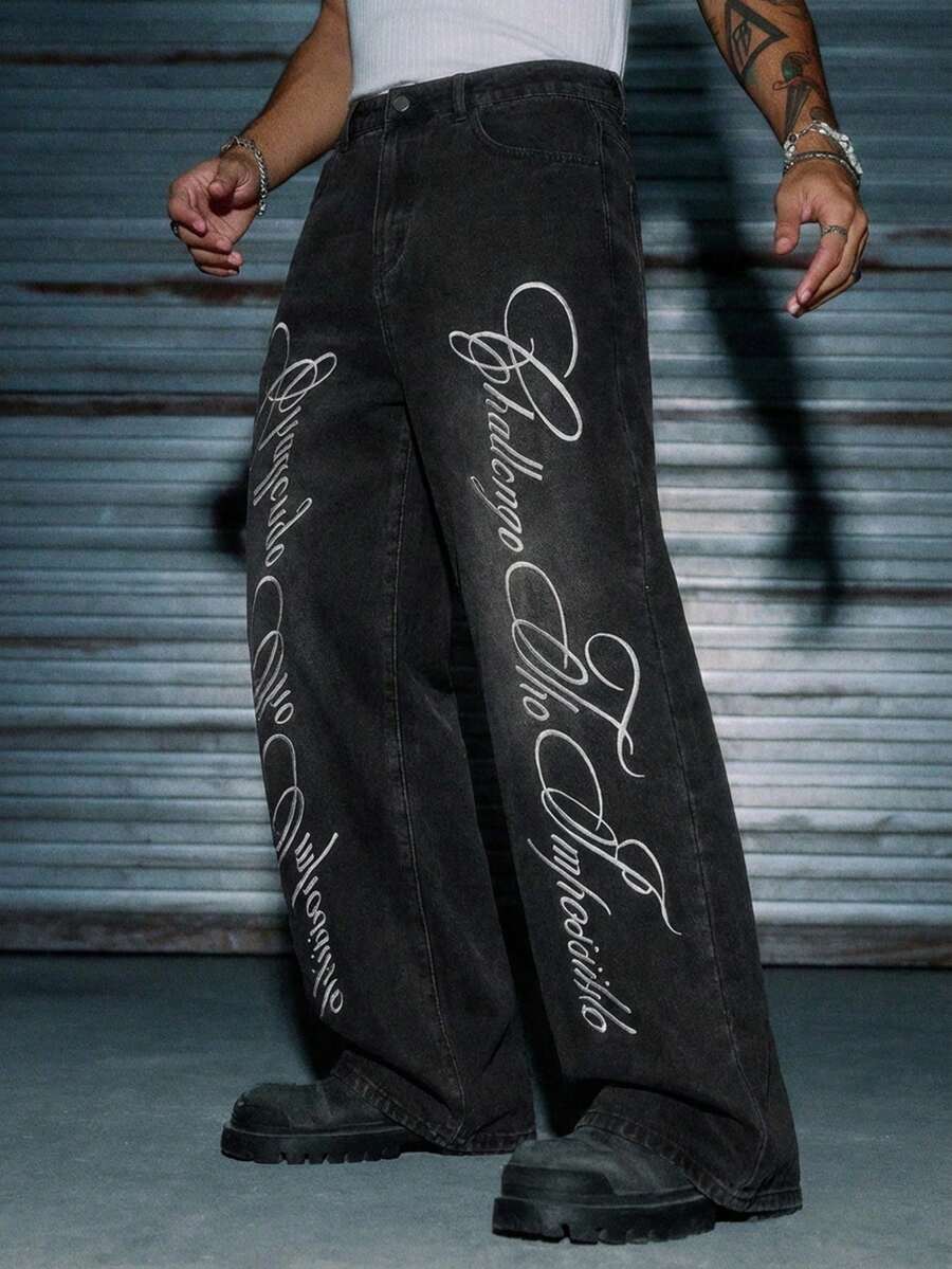 AXEPEAK Men's Washed Printed Pants, Curved Hem Design - Black - View 1