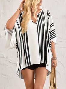 Franclia 新款夏季衬衫，夏季度假装，条纹套头衫，度假风衬衫，条纹V领设计，蝙蝠袖设计，宽松直筒女式衬衫，休闲百搭衬衫，沙滩度假衬衫，黑白条纹衬衫，适合外出穿着。夏季上衣，简约黑白上衣，女士条纹上衣，女士衬衫，夏季斗篷式上衣，斑马纹女装，条纹上衣，女士服装，女士上衣和衬衫，女士衬衫，休闲时尚新款女式上衣 - 黑色 - 查看 7