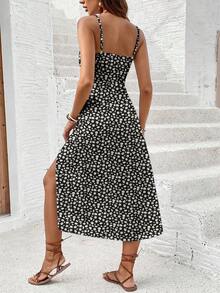 SHEIN Frenchy 休闲简约风度假雏菊印花高开衩性感吊带中长连衣裙，适合春夏假期穿着 - 彩色 - 查看 2