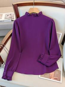 GlowEve CURVE Plus Size Women Long Sleeve Small Stand Collar Striped Casual Solid Color Ruffle Cuff Fashion Shirt, Suitable For Daily Commute - Purple - View 2