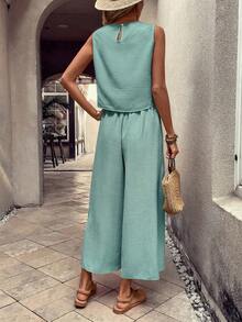 EMERY ROSE Women's Vacation Casual Solid Color Tank Top And Pants 2 Pieces Set - Teal Blue - View 2