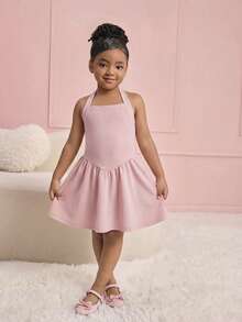 Young Girls Strapless Camisole Dress, Waist Cinched Casual Dress, Versatile For Holiday, Daily Wear, Fashionable & Cute,Kids - Baby Pink - View 6