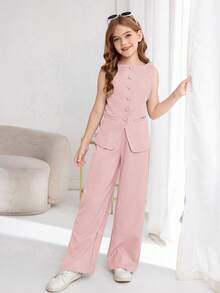 SHEIN Serisse Kids 少女通勤休闲纯色无袖背心上衣和直筒裤套装 - 淺粉色 - 查看 4