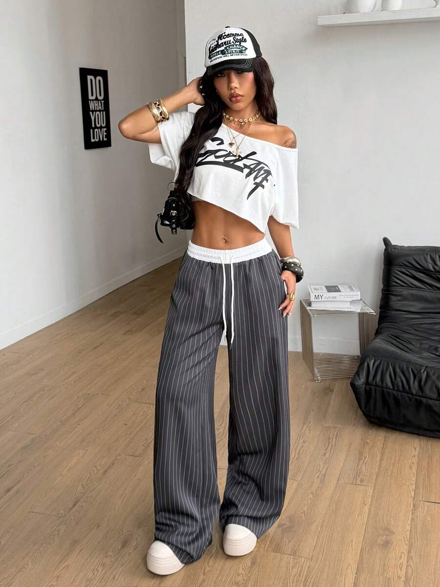 Coolane Women's All-Season Fall Casual Streetwear Back To School Daily Wear Chic Grey Striped Color-Blocked Drawstring Baggy Pants Summer For Women - Grey - View 1