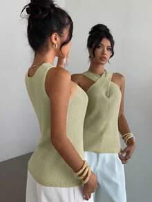 Elenzga Back To School Casual Criss-Cross Neckline Minimalist Unique Design Knit Sweater For Women, Spring/Autumn - Green - View 2