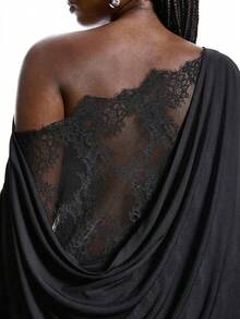 SHEIN EZwear Elegantes Spitzen-Patchwork Sexy T-Shirt in Große Größen, geeignet für Frühling & Herbst - Schwarz - Übersicht 13