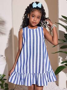 少女条纹无袖休闲连衣裙，宽松A字型，白蓝条纹，适合度假、姐妹装、公园郊游、全家福、派对、日常休闲穿着 - 藍白色 - 查看 3