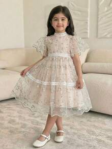 Young Girl Elegant Floral Print Mesh Short Sleeve Dress - Apricot - View 9
