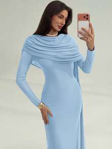 Aloruh Elegant Ruched Solid Color Dress, Casual & Party Wear - Baby Blue - View 3