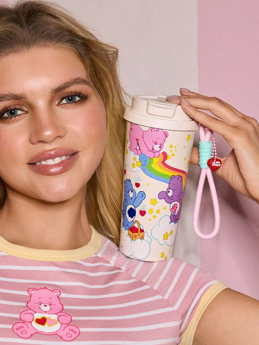 SHEIN X Care Bears 500毫升/16盎司真空隔热不锈钢杯,配1个防漏盖,适用于冷热饮,适用于大多数车载杯架 - 白色 - 查看 1